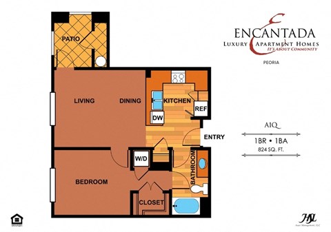 Encantada Peoria A1Q floor plan of a 1 bedroom floor plan with a bathroom and a living room